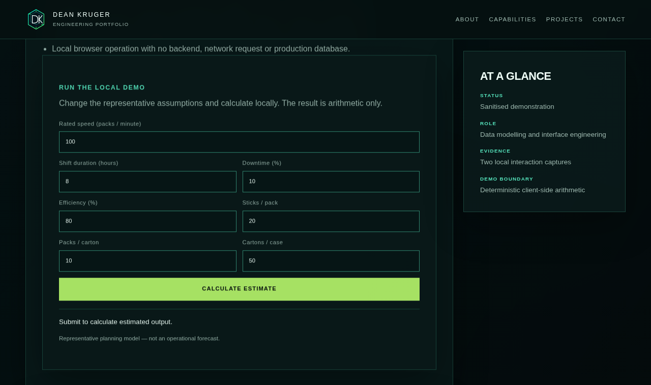 Production calculator with representative rate, shift, downtime, efficiency and packaging inputs before submission.