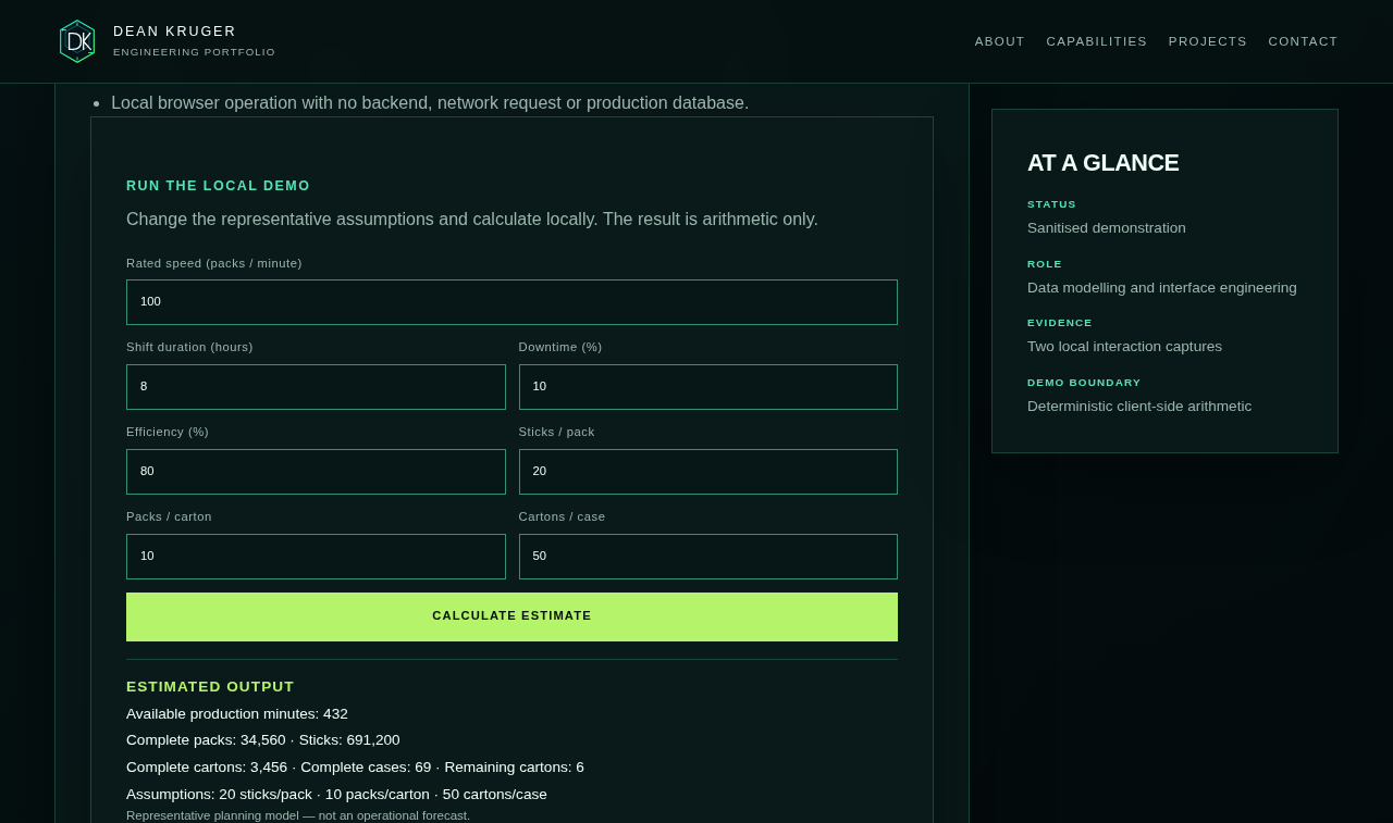 Production calculator showing the deterministic representative output after submission.