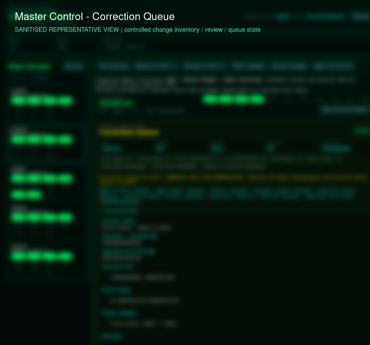 Sanitized industrial integration correction queue showing source verification and review gates.