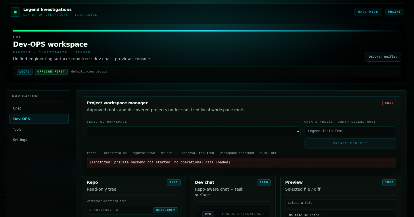 Sanitized Legend Investigations Center of Operations interface shell.