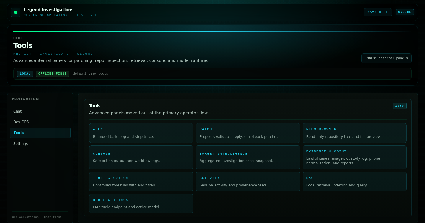 Sanitized Legend Investigations tools launcher showing bounded workspace surfaces.