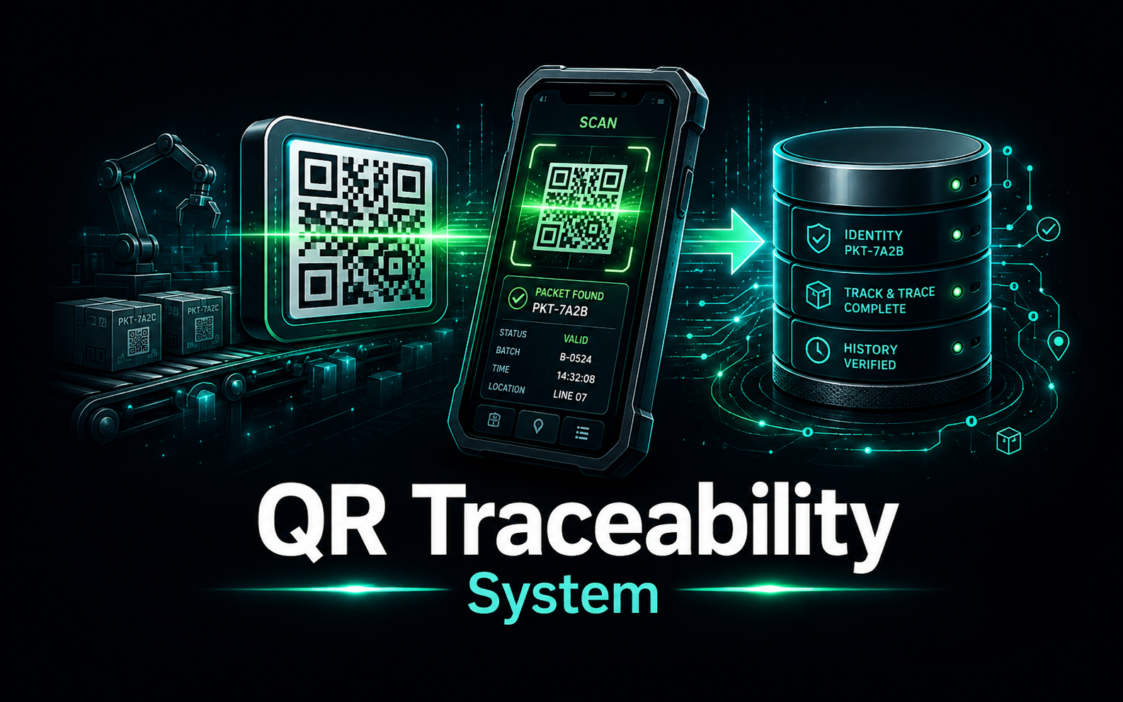 QR packet scanning, validation and production traceability authored project artwork.