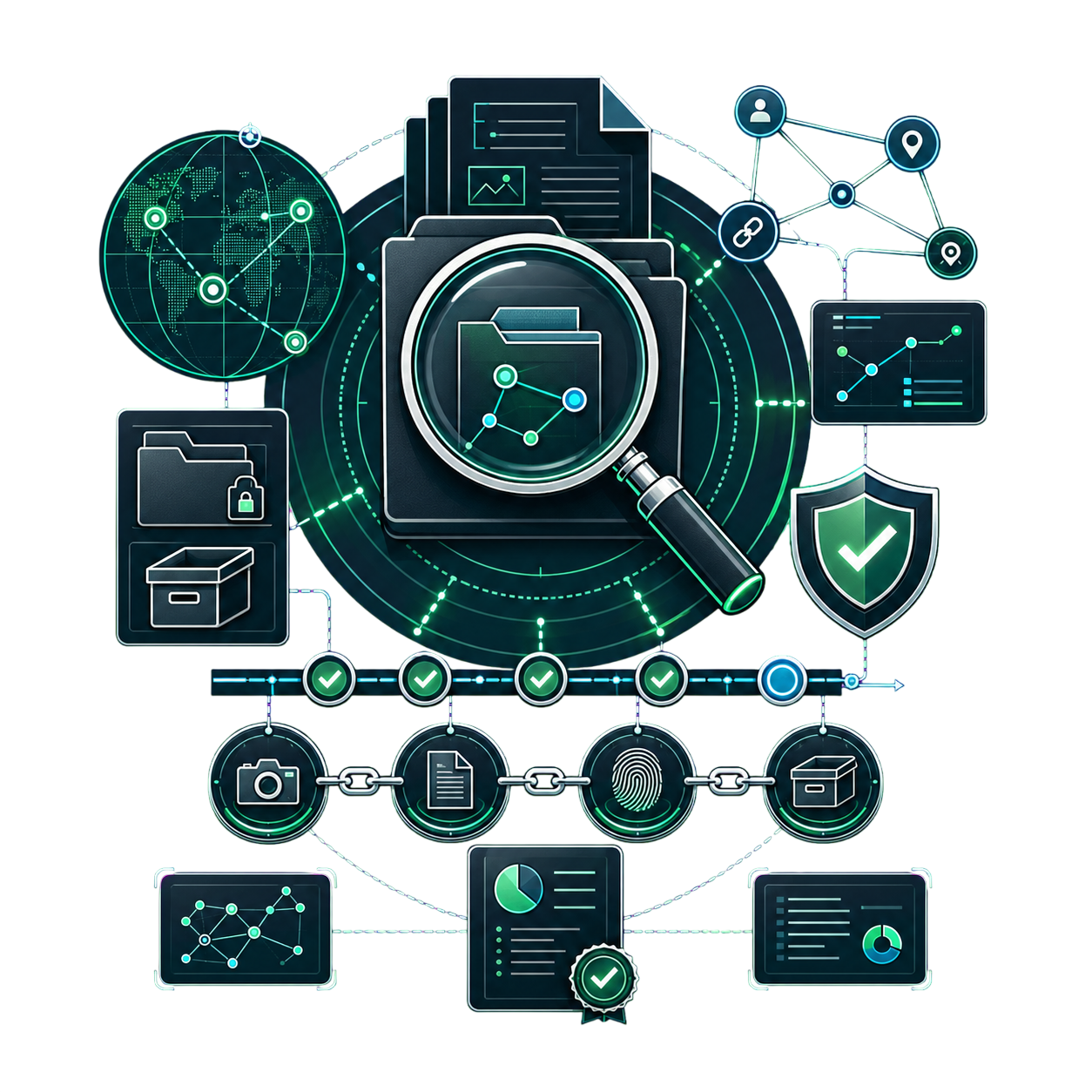 Legend Investigations Platform authored evidence and security artwork